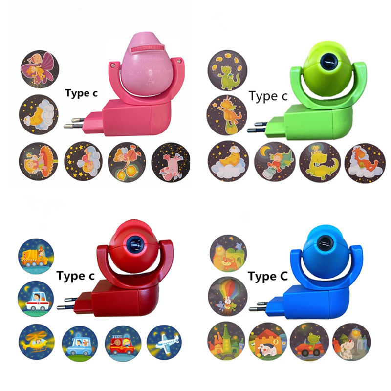 Azul LED proyección noche luz niños dormitorio luz control automático de dibujos animados estándar europeo 220V habitación pequeña lámpara de pared