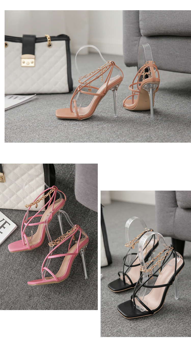Clip toe thin taping locking chain square toe high-heel sandals NSGXL117164