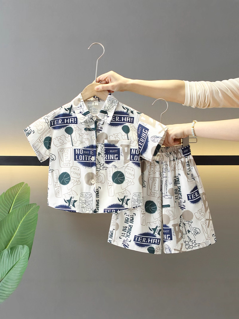 7867 Traje delgado de manga corta para niños, pantalones cortos de verano para niños, chaleco, camisa de bebé de tres piezas, ropa de verano