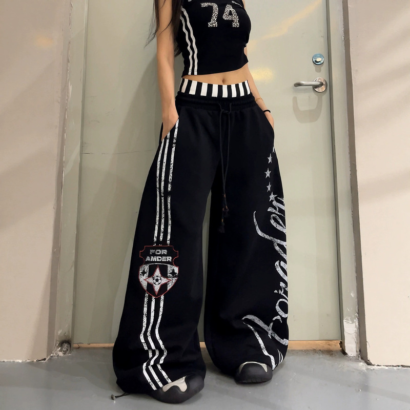 American-Style Sports Striped Patchwork Double-Waistband Letter Print Curved Sweatpants Unisex Wide-Leg Dance Casual Pants Trendy American-Style Sports Striped Patchwork Double-Waistband Letter Print Curved Sweatpants Unisex Wide-Leg Dance Casual Pants Trendy