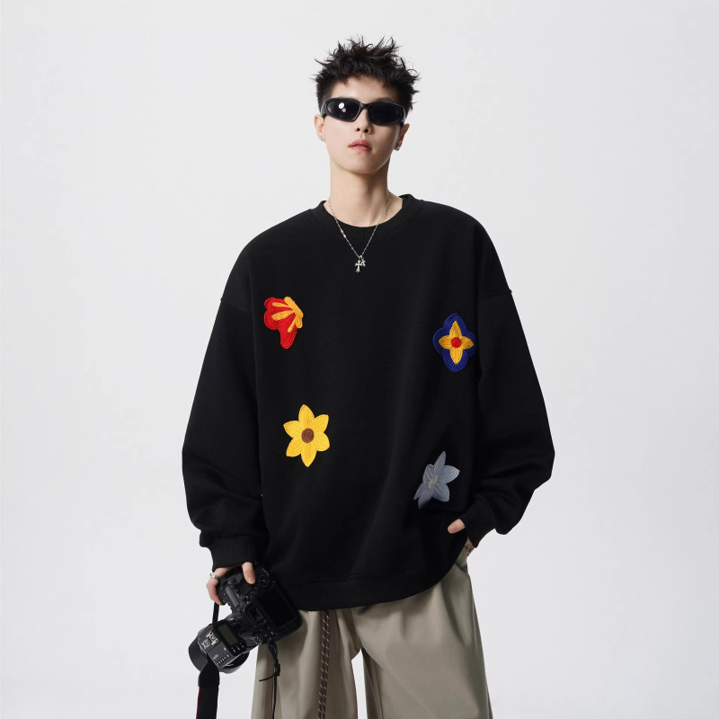 Nasa Large Size American-Style Floral Embroidery Heavyweight Crewneck Sweatshirt Men's Spring and Autumn Trendy Brand Loose Couple's Top Men's Clothing Nasa Large Size American-Style Floral Embroidery Heavyweight Crewneck Sweatshirt Men's Spring and Autumn Trendy Brand Loose Couple's Top Men's Clothing