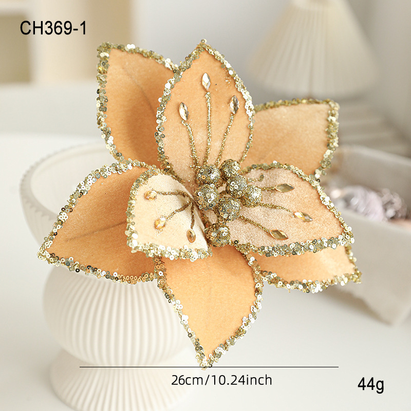 Nuevo producto 26CM tela de alta calidad flores de Navidad polvo de oro flor de polvo de polvo flor de Navidad decoración de caña de corolla