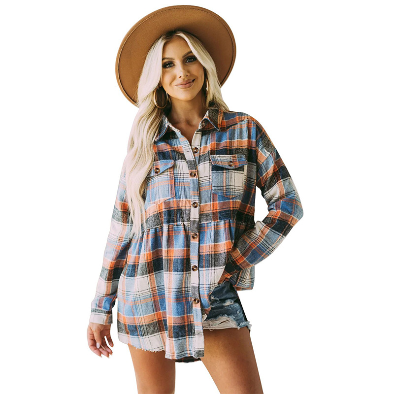 Women's Tops Autumn Winter Lapel Long Sleeve Pocket Casual Plaid Shirt