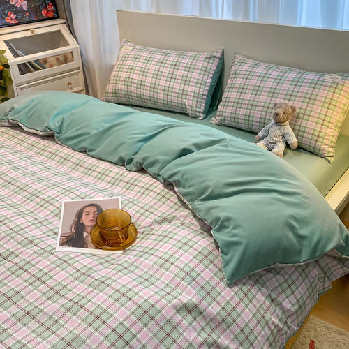 New Washable Cotton Fringe Pure Cotton Four-Piece Set Grid Skin-Friendly Student Dorm Single Comforter Cover Bed Skirt Three-Piece Set Wholesale