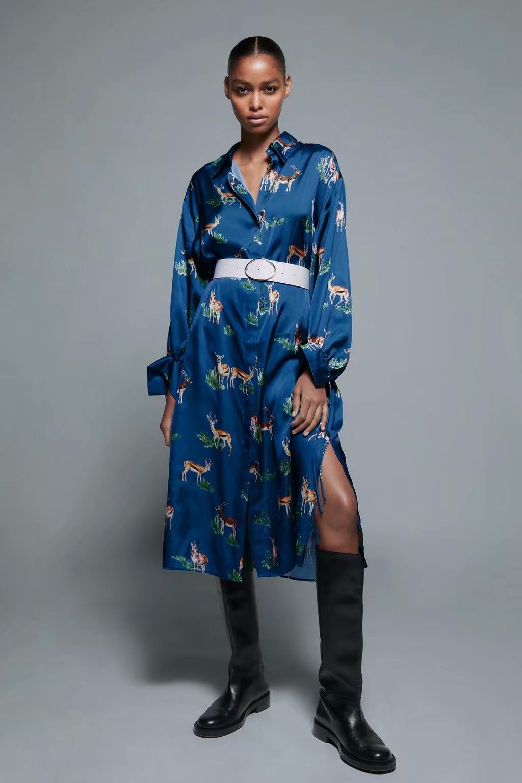 winter silk satin printed shirt long sleeve dress  NSAM22453