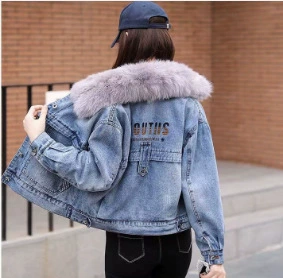 Denim short down jacket, oversize, warm padded coat with fur collar, summer style