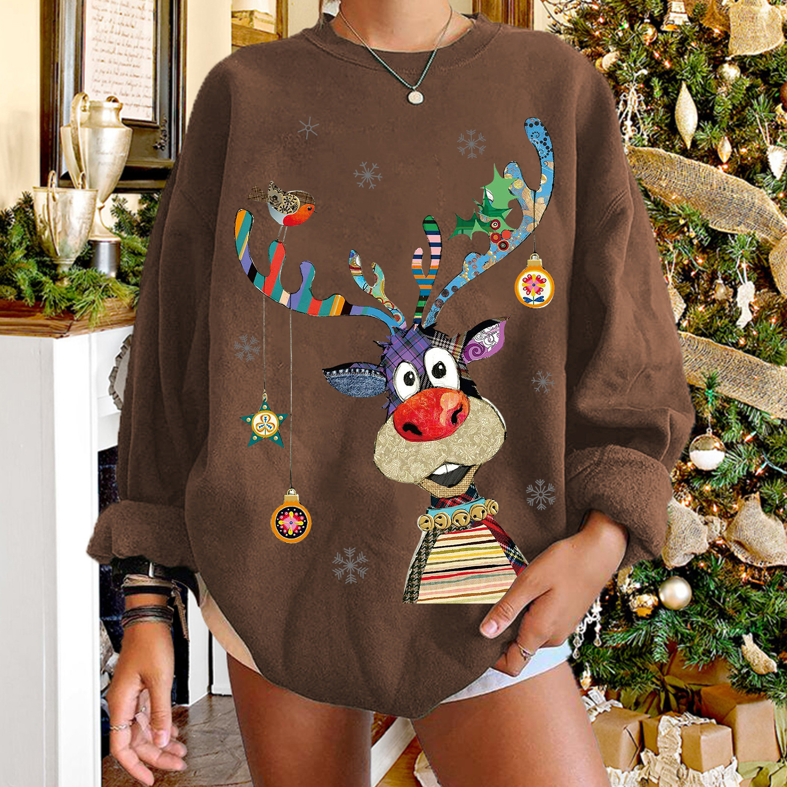 women s round neck elk print fleece sweatershirt nihaostyles wholesale Christmas costumes NSYUM79732