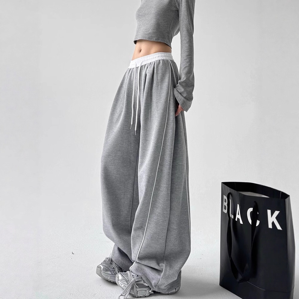 Drawstring Sports Casual Pants for Women 2024 Autumn New Style Splicing Slimming Wide-Leg Pants Straight Versatile Loose Floor-Length Pants