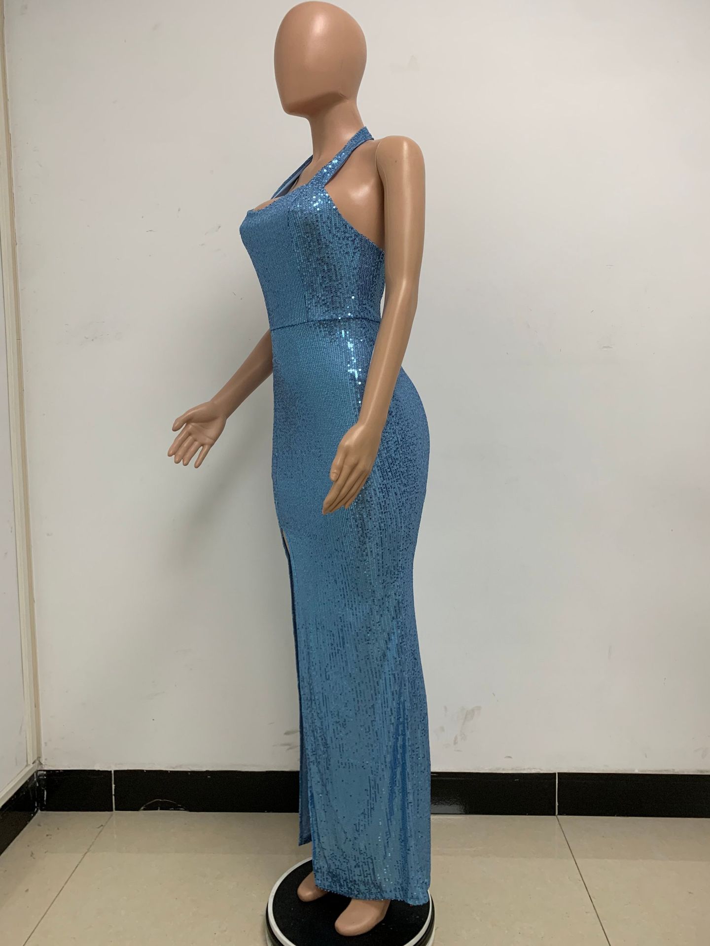 350g Weight Maxi Long Dress Dress Length Type Sleeveless Sleeve Length Party Dress Dresses Type Spandex, Polyester Fabric Type High Waist Waist Line Banquet, Party Occasion Halter Neck Neckline Slim Fit Type Solid Color Pattern Summer, Spring, Autumn Season Women's Gender Sequins Design Elegant, Sexy Style Wholesale Women's Elegant Sexy Sequins Solid Color Banquet Party Halter Neck Sleeveless Party Dress 48
