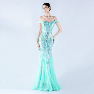 31891# New Foreign Trade Dress Craft Bead Mesh Bead Evening Dress Annual Performance Host