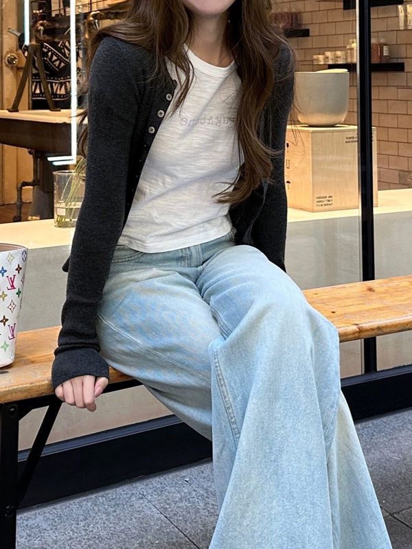 槿一 加州落日限定 贝壳扣麻灰针织开衫修身显瘦防晒长袖上衣百搭|undefined