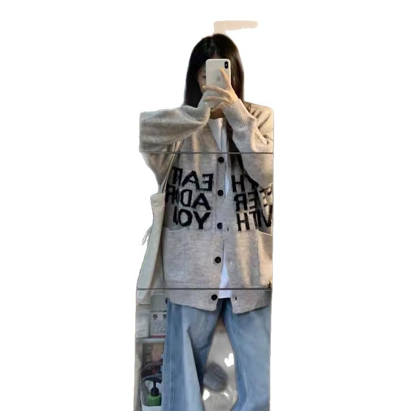 美式复古V领针织开衫外套女2025秋冬新款宽松慵懒休闲毛衣潮|undefined