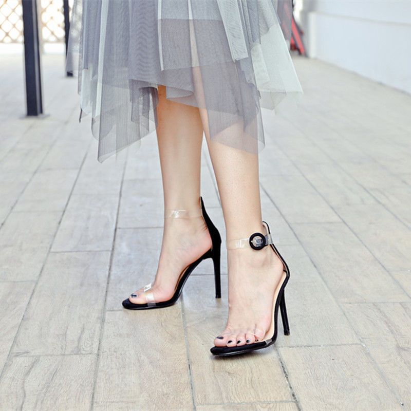 Thin heel sexy transparent strap sandals women's summer new 2022 net popular fashion mid heel open toe high heels