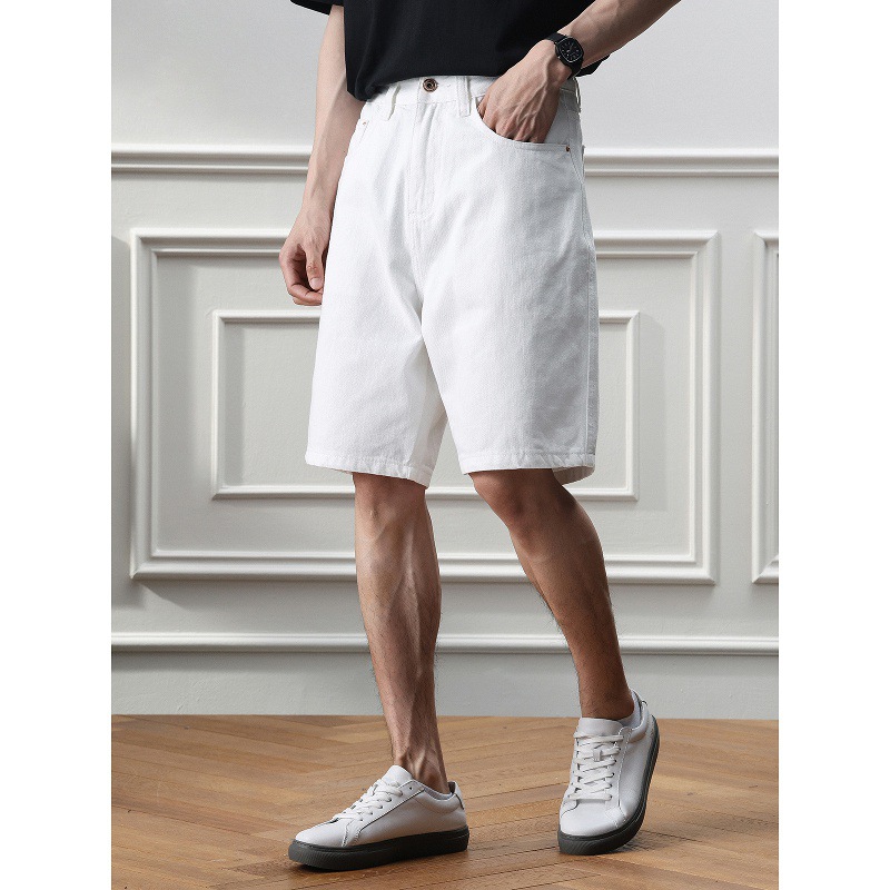 2025 Summer Premium Bamboo Texture Denim Shorts for Men, Loose Straight Leg, Mid-Length, Versatile White Men's Five-Point Pants