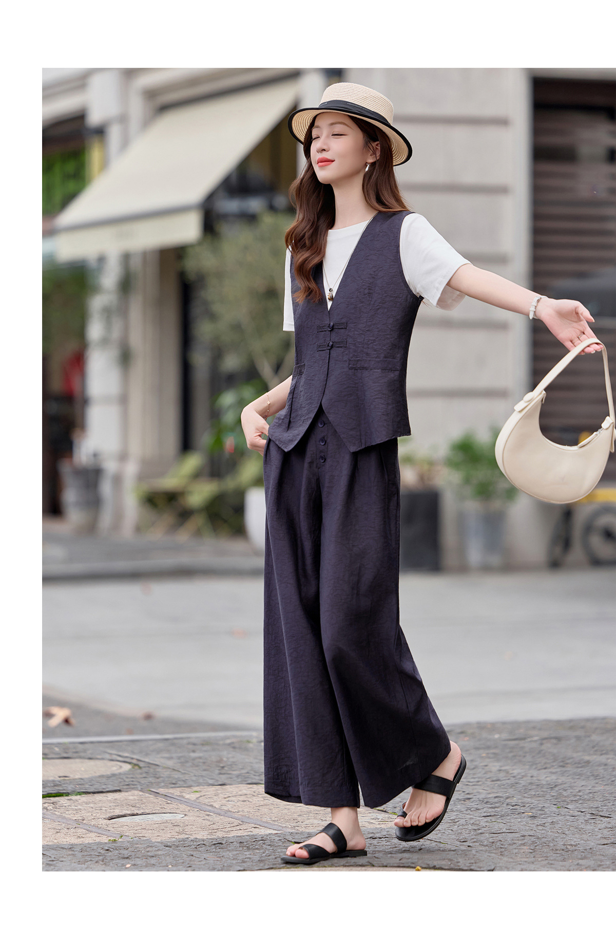 Bộ quần áo nữ hai mảnh gồm áo vest cổ V và quần ống rộng phối đồng bộ — Đỏ nâu, Xanh lông mòng đen chi tiết 13