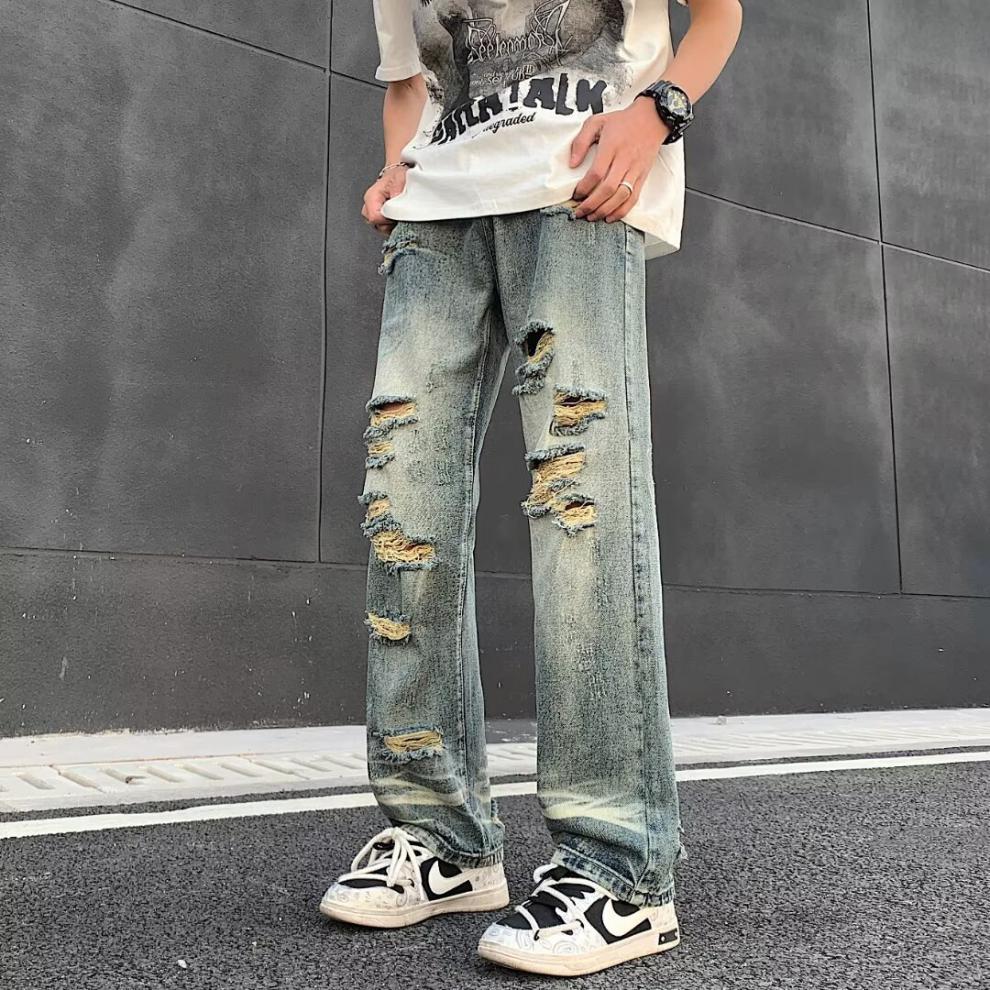 boy Ripped Jeans For Men, Trendy Brand, European And American Street Style Pants, Vintage High Street, Distressed Washed_viptrois.com