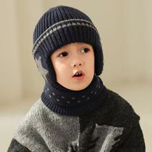 儿童保暖帽子围脖2件套加绒加厚五星护耳毛线帽跨境宝宝针织套帽