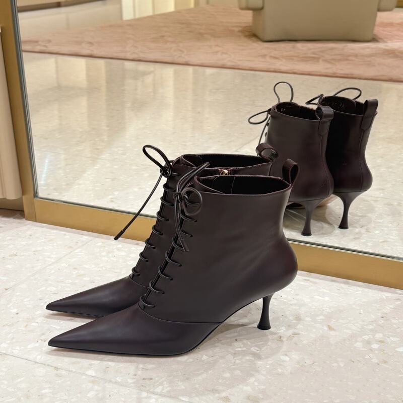 New European and American Pointed Toe Stiletto Short Boots Lace-Up Women's Boots Autumn and Winter Fashion Knight Boots Genuine Leather Foreign Trade Boots