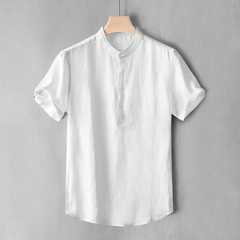 Linen Casual Shirt Men's Slim-fit Summer Collar Shirt Short-sleeved Pullover Moisture Absorption Breathable Thin Solid Color Top