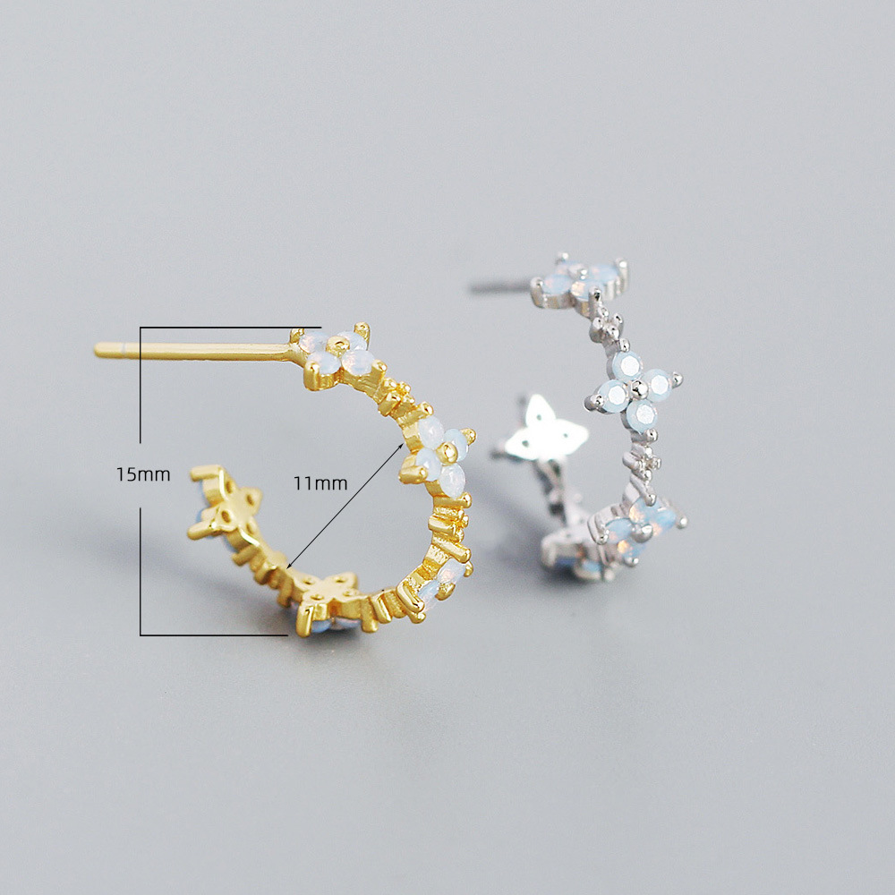 fashion s925 silver four-leaf clover white stone flower C-shaped earrings