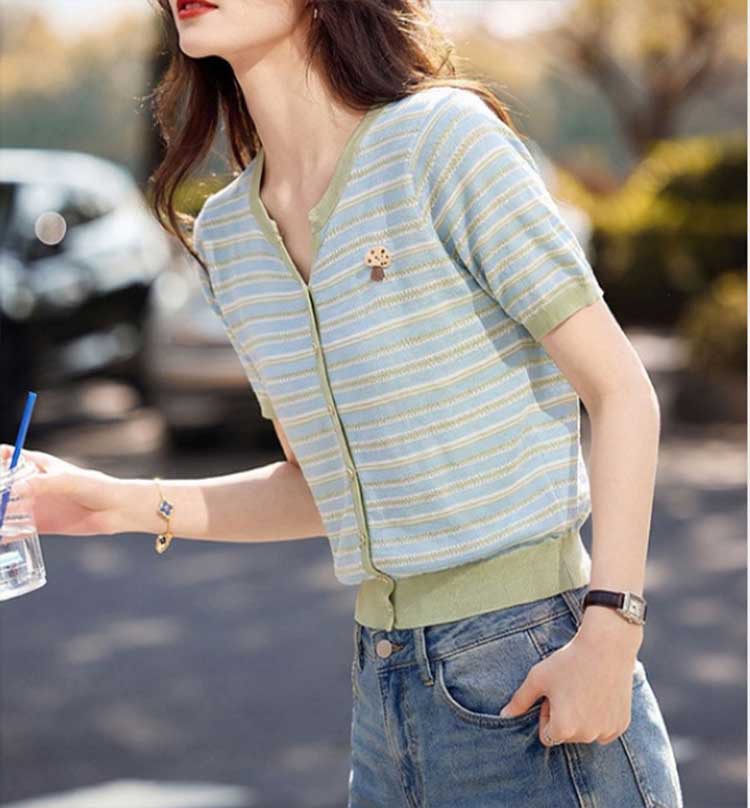 Áo cardigan nữ cổ V sọc kẻ ngang tay ngắn cài nút mỏng nhẹ mùa hè — xanh lam, xanh lá cây chi tiết 1