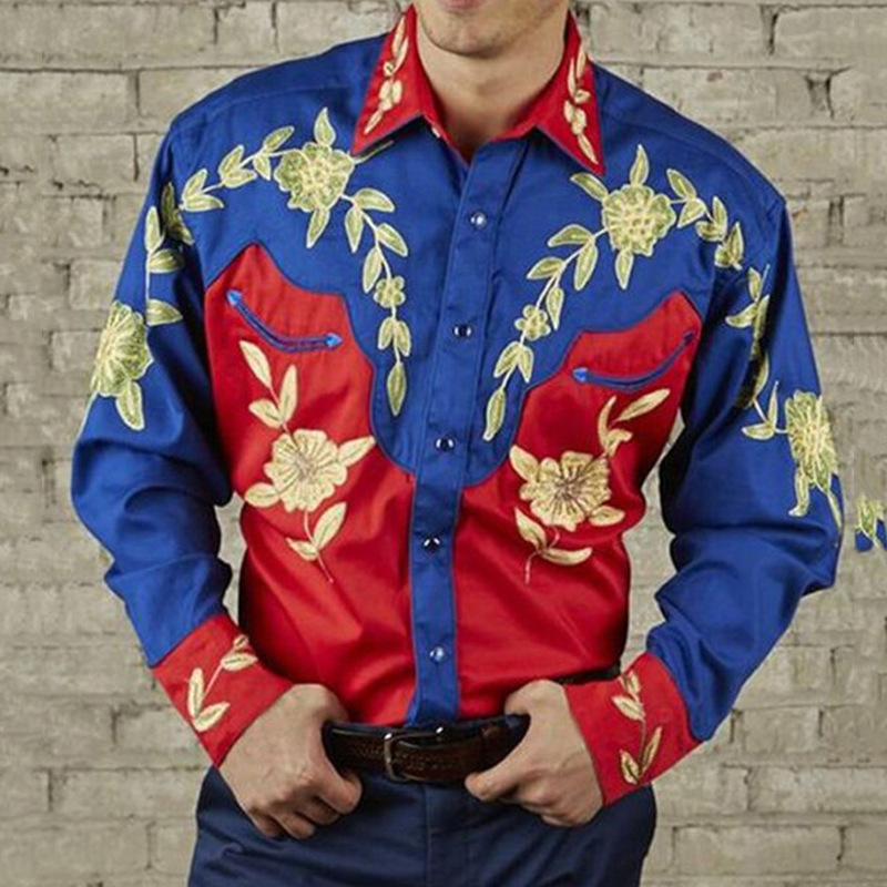 2023 cross-border Amazon Fashion loose printed shirt American western style shirt printed men's long sleeve