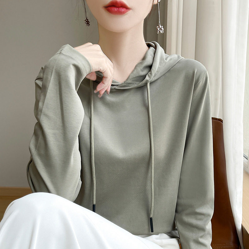 Autumn New Hooded Sweatshirt for Women, Loose Thin Versatile Pure Cotton Long-Sleeve T-Shirt, Korean Style Casual Base Knit Trendy
