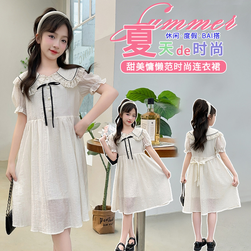 Girls Summer dress 2025 New Style Summer Dress Girls Fashion Navy Style Short Sleeve Princess Dress Children's Summer Dress