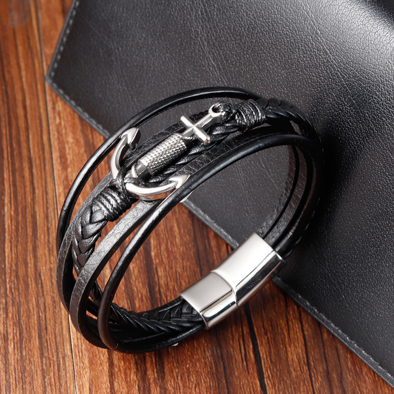Men's Gender Retro Anchor Leather Titanium Steel Layered Polishing Men's Bracelets Men Cord & Leather Bracelets