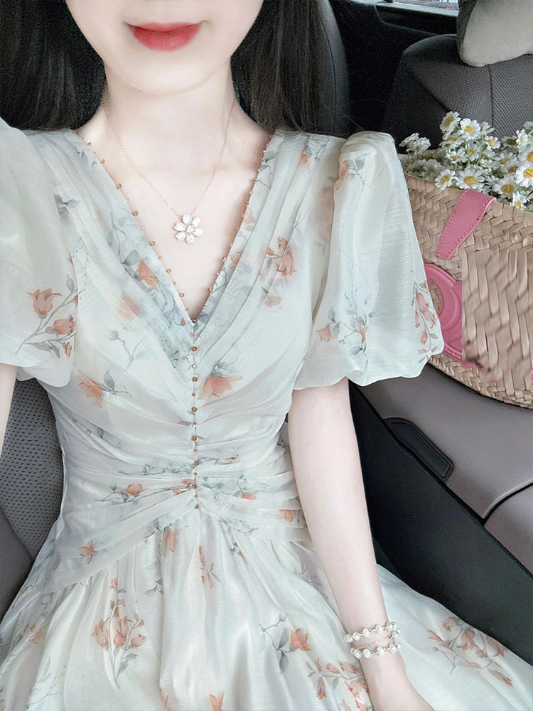 Váy liền hoa cổ chữ V tay bồng dáng dài mùa hè — Màu xanh lục nhạt chi tiết 2