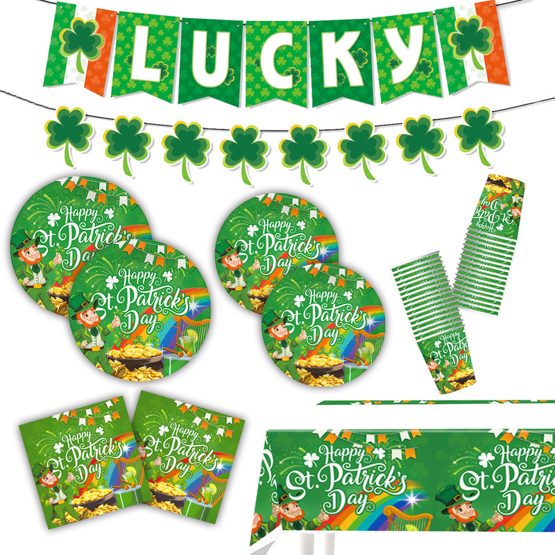 St. Patrick's Day Theme Holiday Party Decoration Irish Clover Tableware Paper Tray Tissue Tablecloth Banner St. Patrick's Day Theme Holiday Party Decoration Irish Clover Tableware Paper Tray Tissue Tablecloth Banner