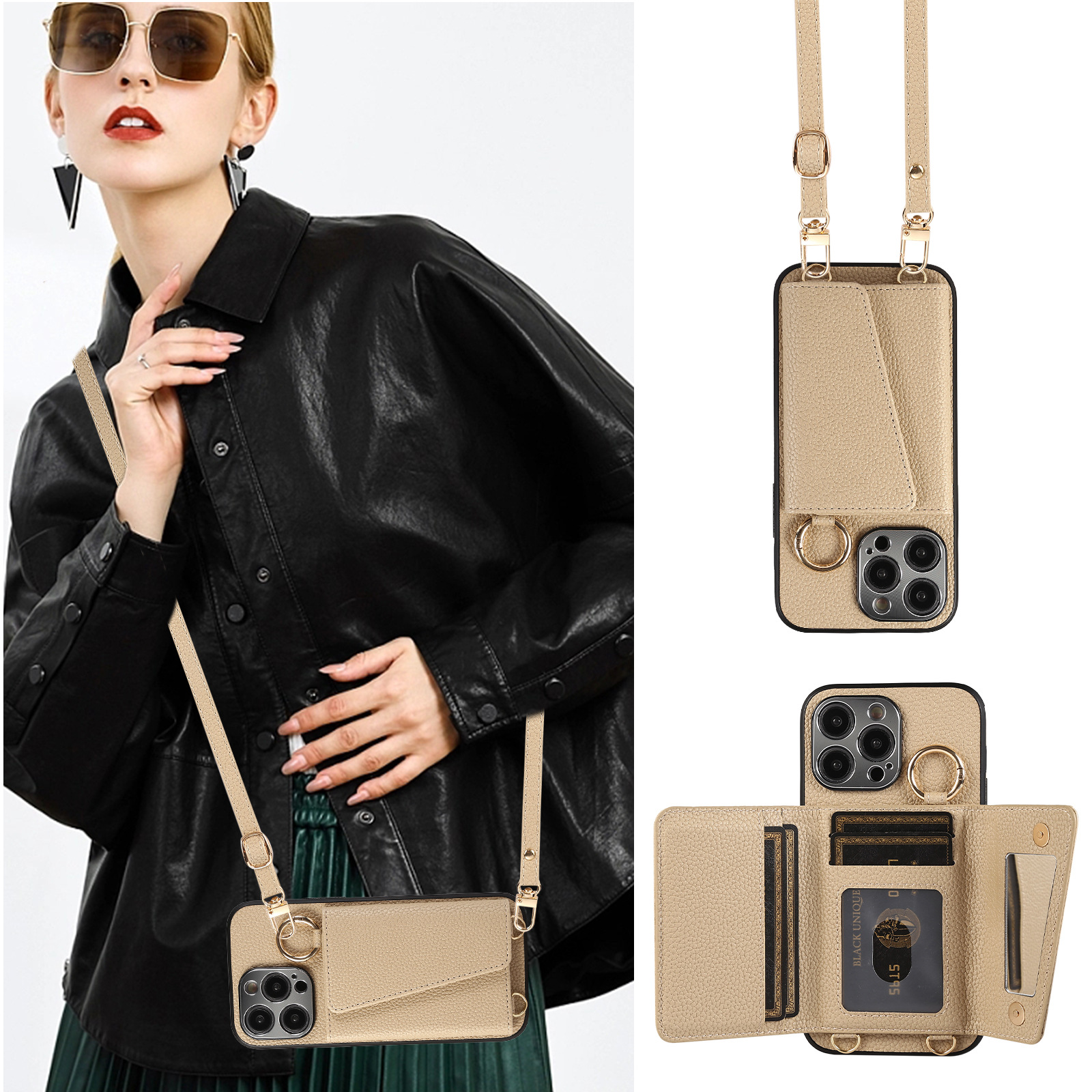 适用iPhone16手机壳 S24荔枝纹插卡镜子斜跨保护套指环扣挂绳ip15