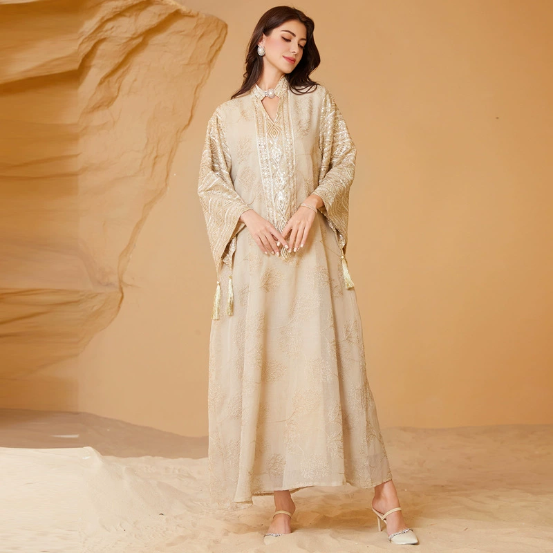 Модное платье-халат с V-образным вырезом, сетчатой вышивкой и пайетками для женщин Ближнего Востока, Саудовская Аравия, Дубай