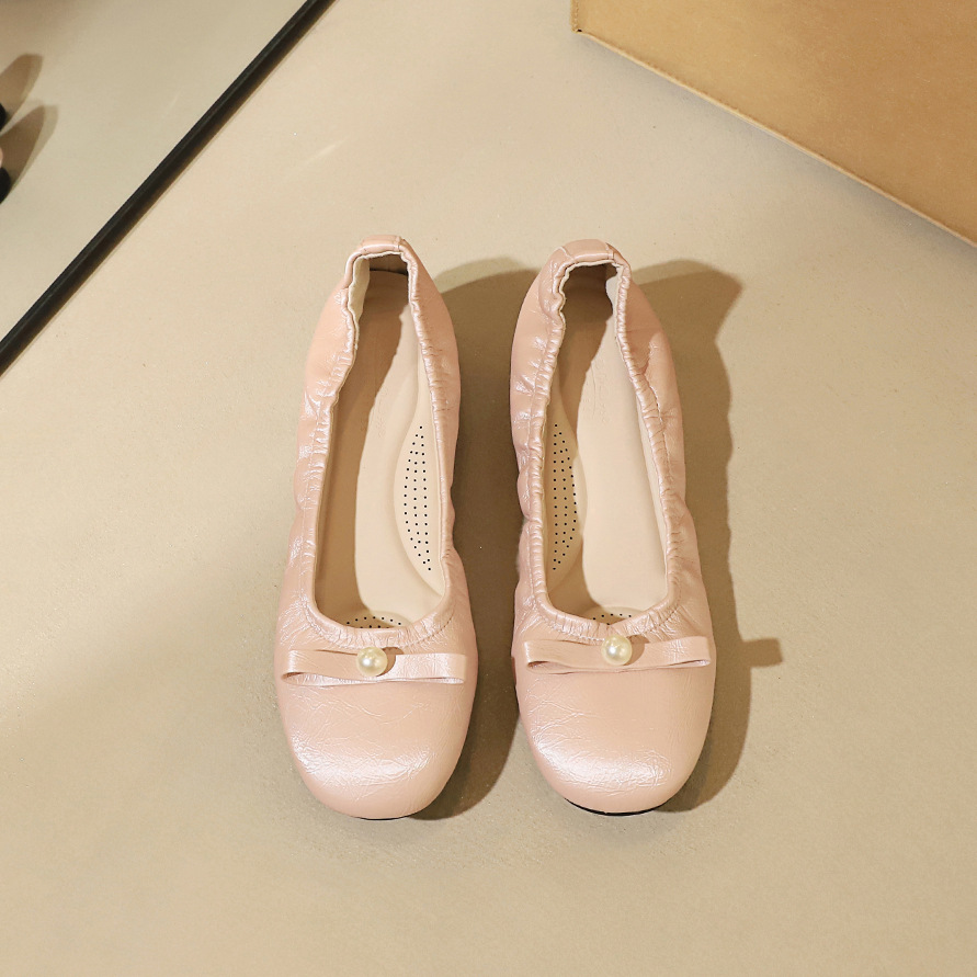 135-H189 French style sweet pearl decorated round toe single shoes for women, with one foot and an inner height increase, a middle heel, and rolled up women’s shoes