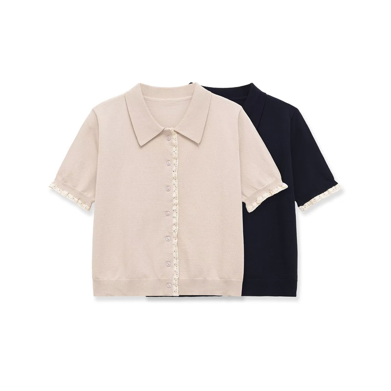 European and American Wholesale 2026 Summer New Women's Fashion Casual Short-Sleeved Polo Collar Lace Knit Shirt F7-14098