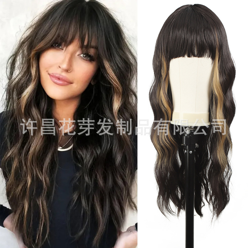 Wig European and American Popular Wig Natural Artificial Scalp Dyed Black and White Golden Long Hair with Bangs Chemical Fiber Headgear
