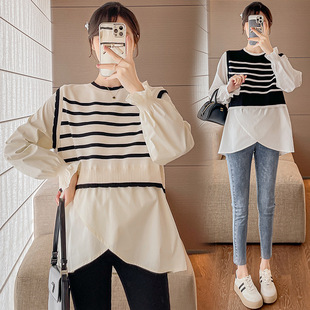 Real shot in stock maternity clothes Spring New pregnant women loose striped stitching fake two-piece shirt loose top