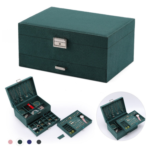 TEMU Plush Fabric Jewelry Box with Three Layers and Lock, Necklace Storage Box, Watch, Earrings, Ear Pins, Ring Box, Large Capacity