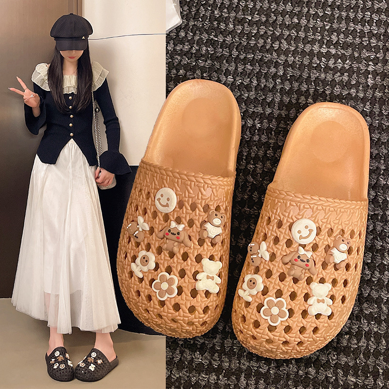 New Style Hollow-Out Half-Closed Slippers for Women, Fashionable Outdoor Clogs, Non-Slip Soft Sole Half-Closed Cartoon Bear Sandals for Women