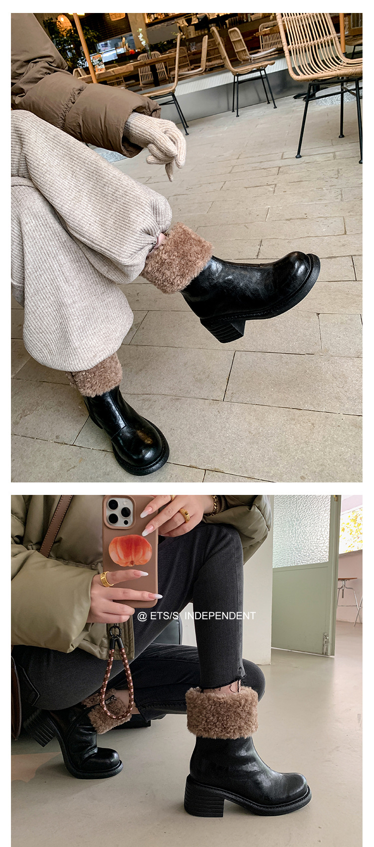 Boot nữ mũi tròn cổ ngắn lót lông giữ ấm gót cao — màu đen chi tiết 16