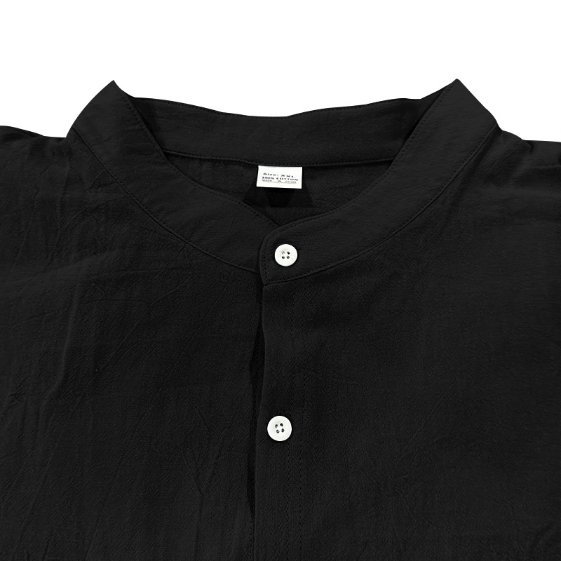 Men's Linen Blend Long Sleeve Shirt Stand Collar Summer Casual Top Loose Fit Henley Collar_viptrois.com