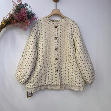 日系森系碎花加棉棉衣女冬季新款减龄蕾丝贴布木耳圆领棉袄外套女