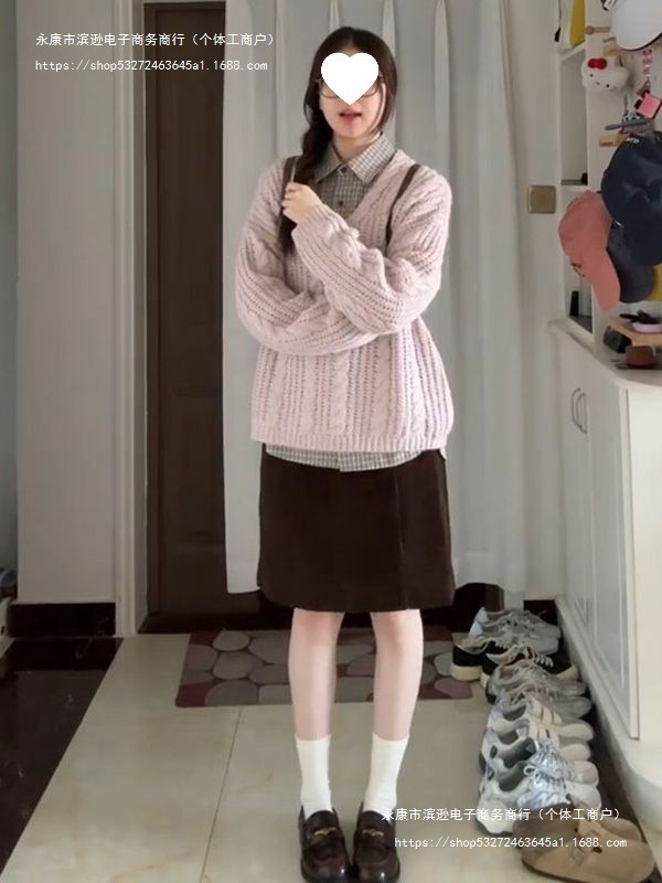 秋冬甜美休闲粉色领针织毛衣叠穿领格子长袖衬衫上衣一整套森系|undefined