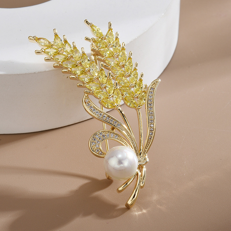 New Copper Alloy Inlaid Zircon Pearl Wheat Ear Brooches for Women Fashion Brooch Pin Dress Coat Accessories  Corsage for Wedding