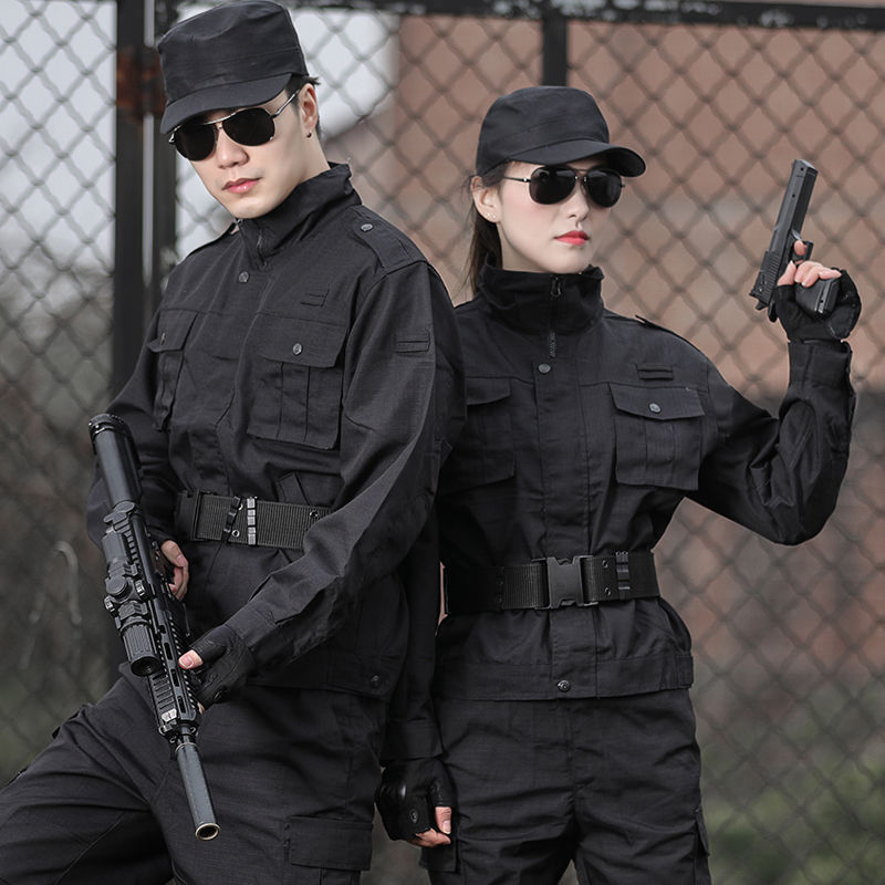 봄과 가을 검은 훈련 의류 세트 착용 방지 통기성 작업 의류 위장 의류 남성 및 여성 군 유니폼 군사 훈련 의류 보안 의류