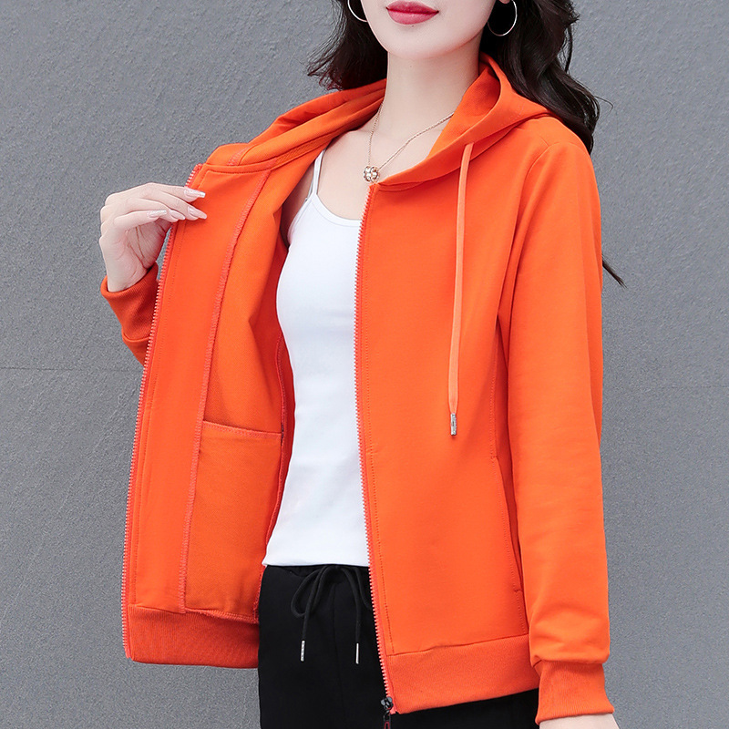 High Cotton middle-aged mom long-sleeved zipper cardigan hooded sweater women's spring and autumn loose slimming solid color coat with inner bag High Cotton middle-aged mom long-sleeved zipper cardigan hooded sweater women's spring and autumn loose slimming solid color coat with inner bag