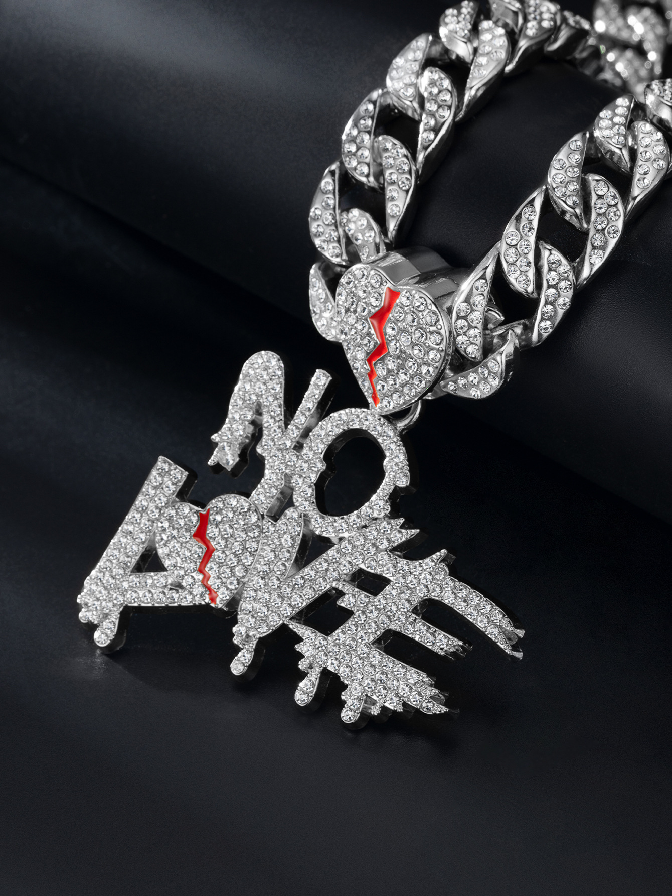 New full diamond Cuban chain splicing letter love pendant hip-hop street culture trendy men's necklace_voghion.com