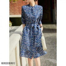 重磅真丝连衣裙桑蚕丝衬衫式碎花裙子夏季印花中长款杭州丝绸女装