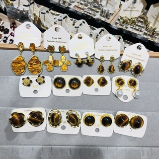 欧美美拉德色系虎眼石耳扣豹纹耳环女复古时尚耳钉小众高级感耳饰