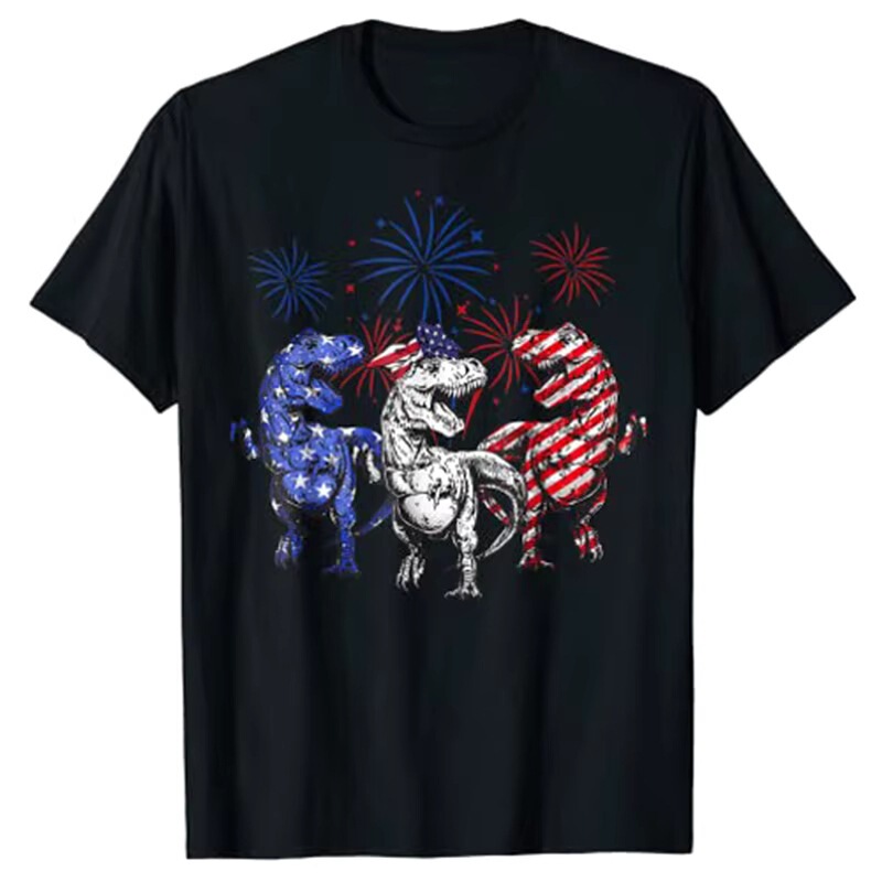 Red, White, and Blue T-Rex Fireworks 4th of July T-Shirt Pride Patriotic T-Shirt Top Independence Day Apparel Family Gift
